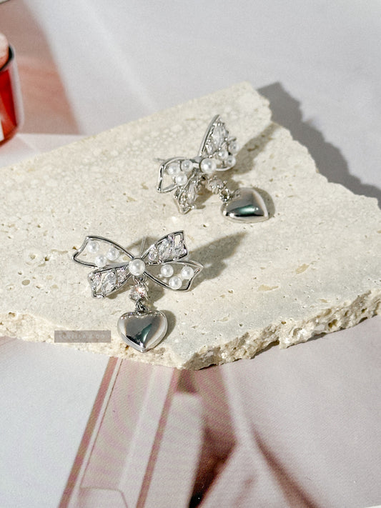 Silver Bow With Heart Earrings