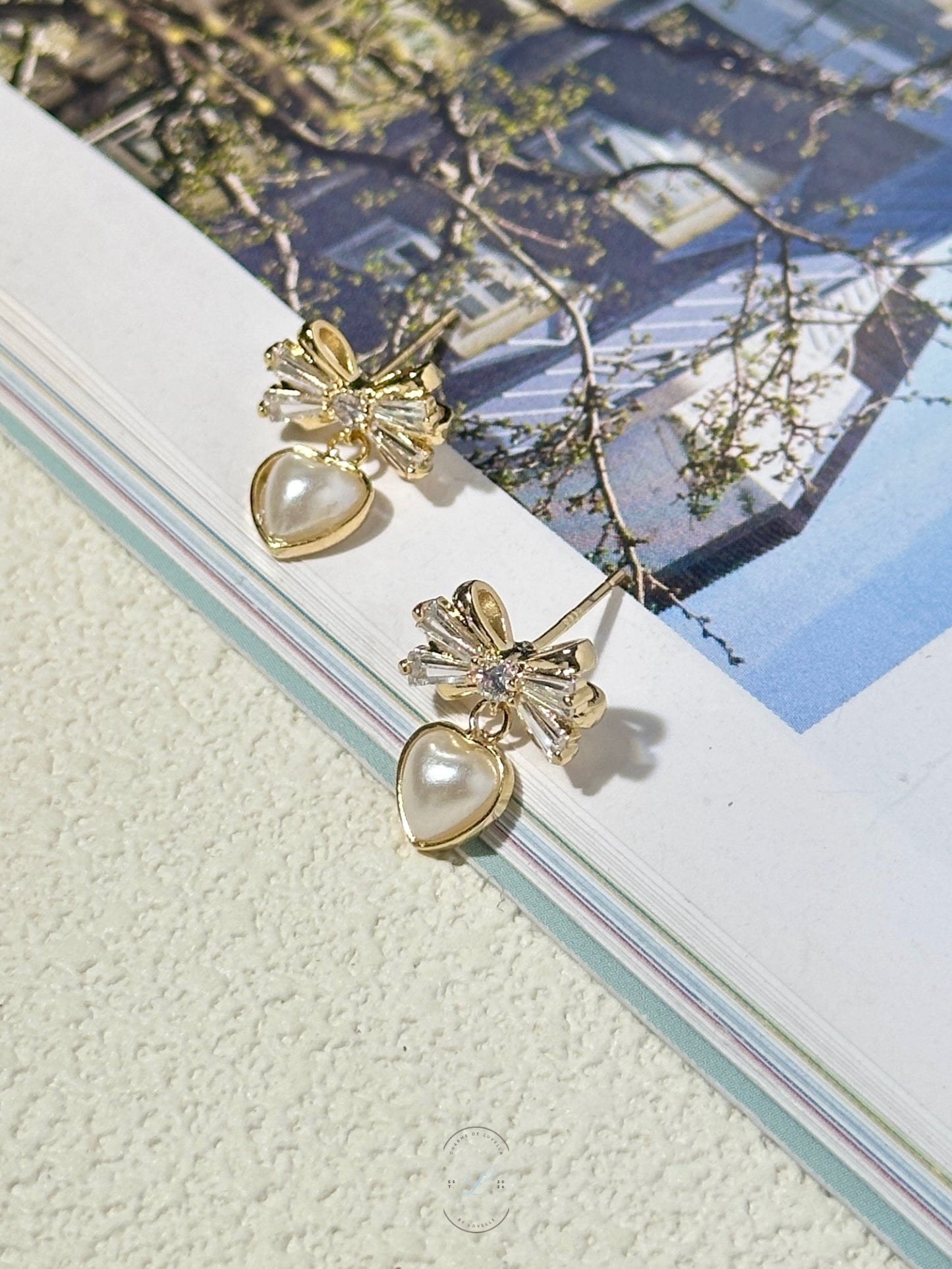 Ribbon Pearl Heart Earrings