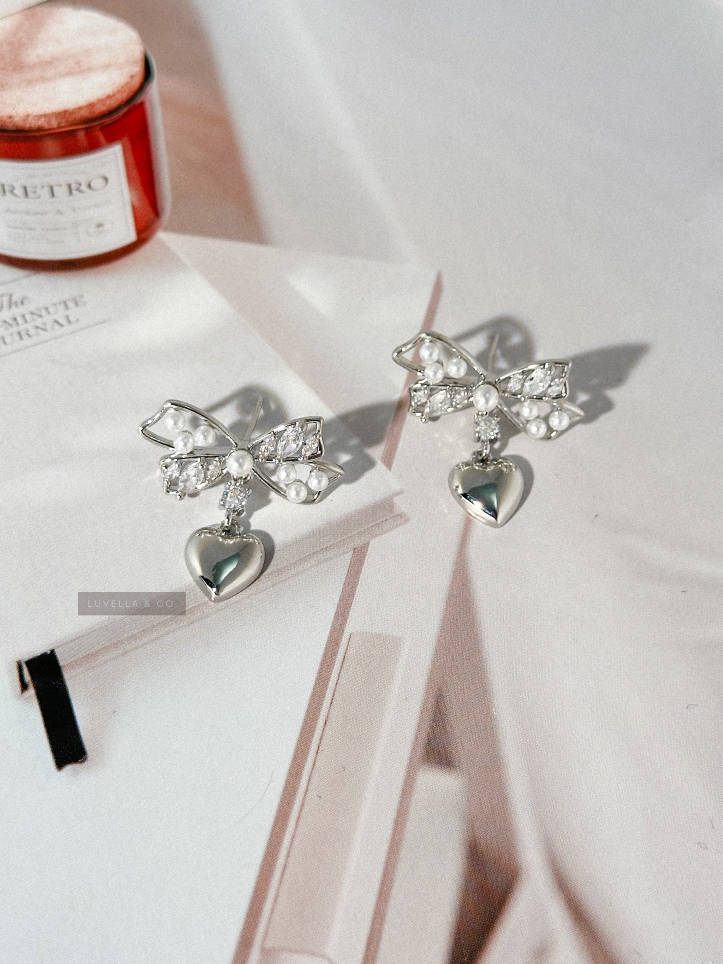 Silver Bow With Heart Earrings