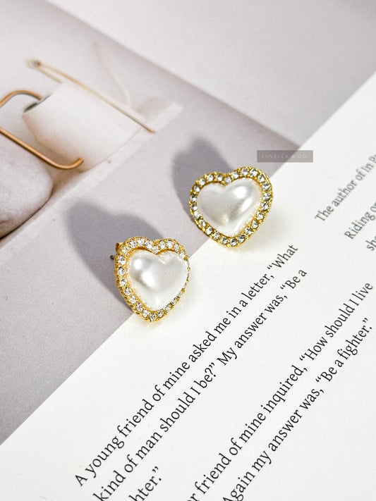 Romantic Heart Pearl Earrings With Crystals